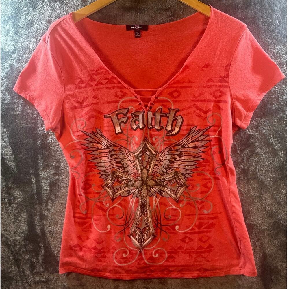 VTG Y2K x Ransom Women’s Winged Cross Cyber Grunge Top XXL Coral McBling